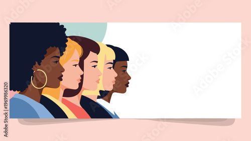 Diverse group of women of different ethnicities and hair colors standing together in profile view facing the right side.