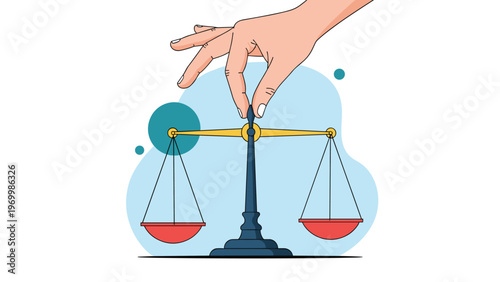 Human hand reaches down to balance a set of scales with two empty red bowls against a light blue circular background.