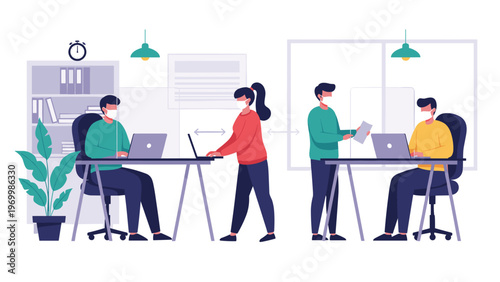 Office employees wearing protective face masks work at their desks separated by glass dividers to maintain social distancing.