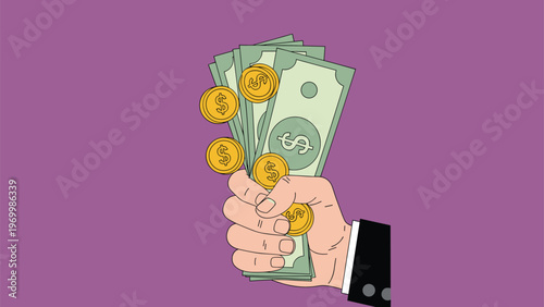 Person holding a large bunch of green dollar bills and several gold coins in their fist against a solid purple background.