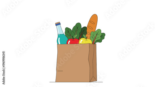 Brown paper grocery bag filled with fresh food items including a bottle of milk, bread, spinach, and red and yellow apples.