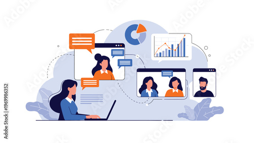 Woman works on her laptop computer while participating in multiple video calls with colleagues and viewing business charts.