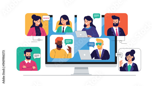 Modern computer monitor displays a group of diverse professionals participating in a virtual video meeting from different locations.