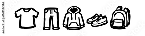 Set of hand-drawn minimalist icons featuring casual clothing: t-shirt, pants, hoodie, sneakers, and backpack. Black line art doodles isolated on white for fashion and lifestyle design.