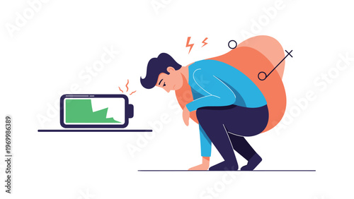 Fatigued man in blue and purple clothing crouches down in exhaustion next to a large battery icon showing a low charge level.