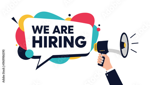 Hand holds a megaphone announcing a job opening with a colorful speech bubble that reads WE ARE HIRING in bold letters.