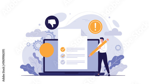 Man uses a giant pencil to fill out a digital form or survey on a laptop screen with a thumbs-down icon and alert symbols.