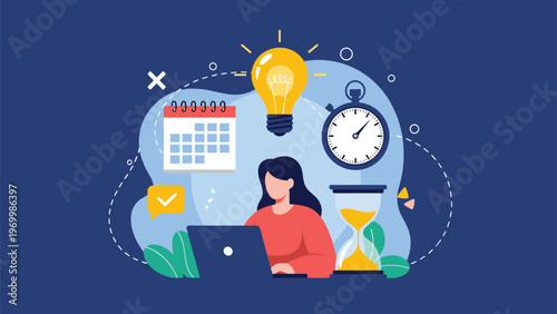 Woman works diligently on her laptop surrounded by icons for a calendar, light bulb, stopwatch, and hourglass for productivity.