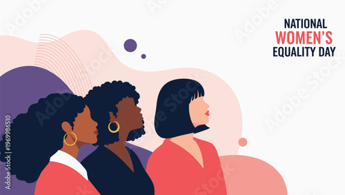 National Women's Equality Day celebratory illustration featuring a diverse group of women looking up towards a hopeful future.