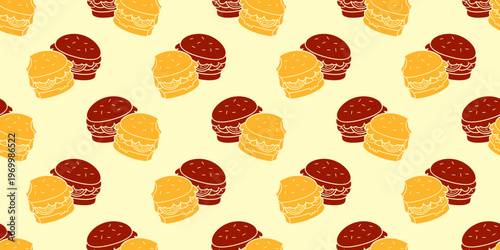 burger seamless pattern vector illustration. bitten and whole burger seamless pattern background vector illustration