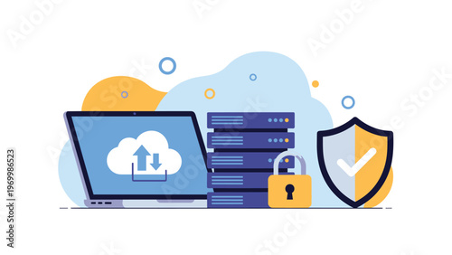 Network server stack next to laptop showing cloud upload icon and protected by shield for secure data backup.