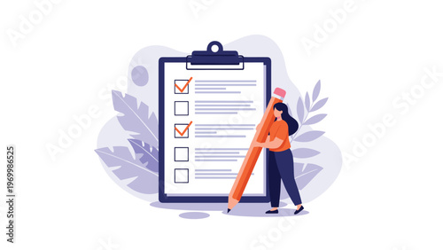 Woman uses a giant orange pencil to mark off completed tasks and goals on a large checklist clipboard against a purple backdrop.