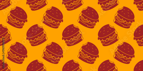 seamless pattern of burger vector illustration. bitten red burger on orange background illustration
