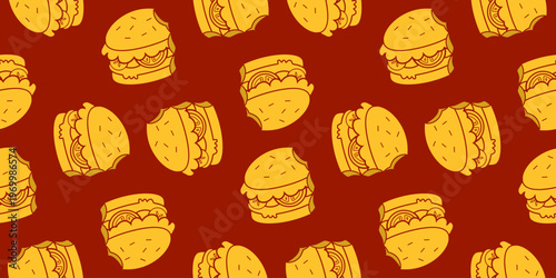 seamless pattern of burger vector illustration. bitten yellow burger on red background illustration