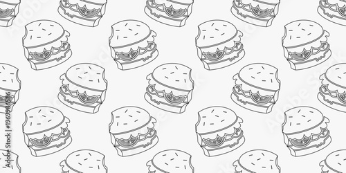 seamless pattern of burger vector illustration. bitten burger with outlined style background illustration