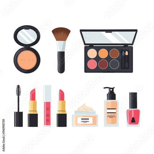 Assortment of makeup products including powder, brush, eyeshadow palette, lipstick, lip gloss, and nail polish