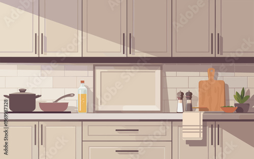 A kitchen scene with various items on the countertop including a pot, bottle, and cutting board in a modern interior design