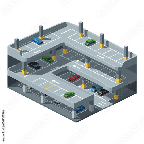 Isometric multi-level parking garage with various cars and directional arrows