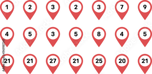 Map location pin icons set, numbered markers navigation points, GPS symbols, geolocation indicators, travel map elements, digital mapping interface design collection
