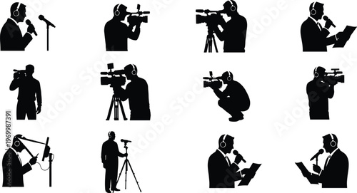 Media production silhouettes set, cameraman reporter and videographer icons, journalism broadcasting concept, filming equipment collection, black vector illustration isolated