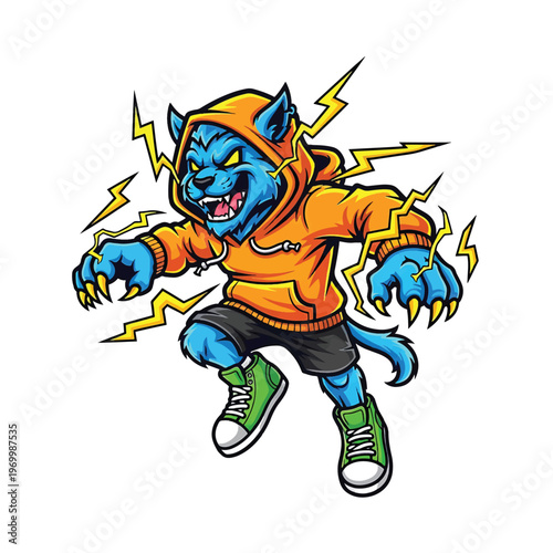 Blue werewolf in orange hoodie with neon green sneakers jumping with lightning bolts