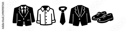 Black and white icons of men's formal attire, including suit jackets, shirts, ties, and shoes. Versatile graphics for business, fashion, and professional dress code designs.