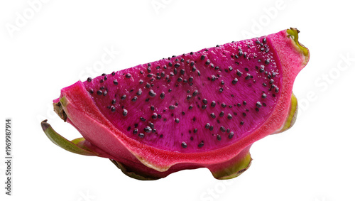 Vibrant pink dragonfruit slice, revealing black seed speckled flesh and green stem