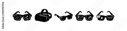 Hand-drawn collection of smart glasses and VR headset icons. Illustrates augmented reality features like GPS navigation, messaging alerts, and camera functions in a minimalist sketch style.