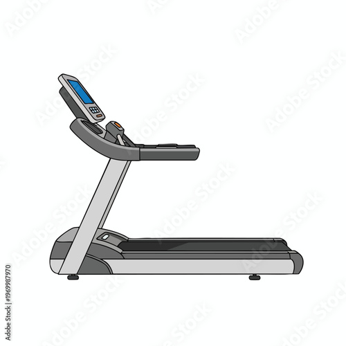 A modern, grey and silver treadmill with a digital display screen and console