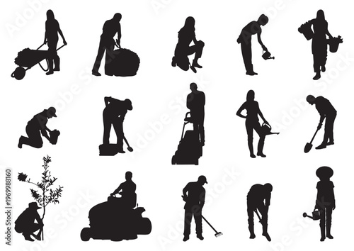 Set of gardening and landscaping silhouettes featuring people working in the garden. Includes planting, watering, mowing lawn, digging and outdoor maintenance activities.