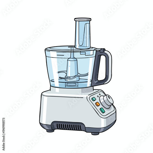 Cartoon food processor with clear jug and blade, white base, grey handle, controls