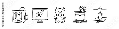 Hand-drawn 3D printing icon set featuring printers, filament, a CAD design on a monitor, and a 3D printed teddy bear. Minimalist black and white line art for technology and maker concepts.
