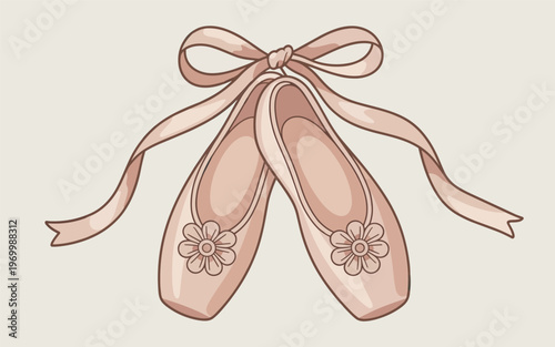 A pair of ballet shoes tied with a ribbon lies on a cream background.