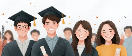 Diverse Group Of Graduates Smiling and Holding Diplomas In Cap And Gown With Confetti Celebration