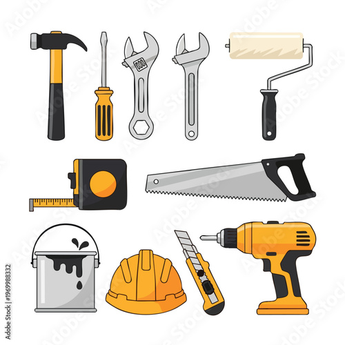 Assortment of construction and repair tools, including a hammer, wrenches, saw, and drill