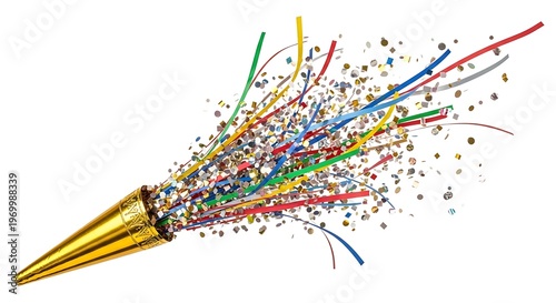 Golden party popper bursting confetti streamers isolated on white background