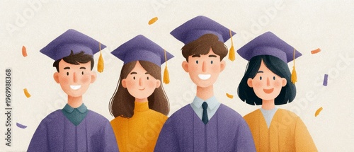 Diverse Group Of Students Celebrate Graduation Wearing Caps And Gowns