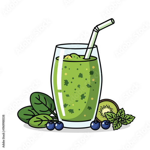 A refreshing green smoothie in a glass with a straw, adorned with blueberries, kiwi, and mint leaves