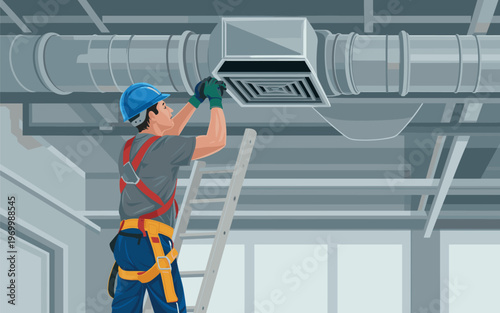 Man in safety gear working on ventilation system with ladder indoors