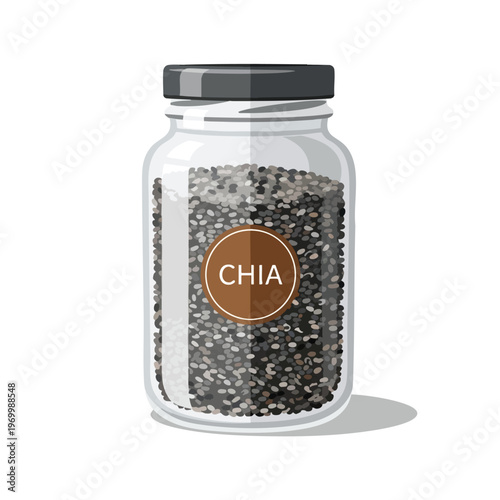 Clear glass jar filled with small, dark chia seeds, capped with gray