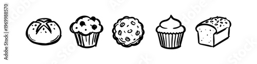 Minimalist hand-drawn doodle set of bakery products including a loaf of bread, chocolate chip muffin, oatmeal cookie, cupcake, and sliced grain bread. Vector line art on white background.