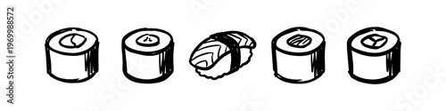 Set of hand-drawn sushi sketches, including maki rolls and salmon nigiri. Minimalist black ink doodle style on a white background, perfect for Japanese cuisine menus and food designs.