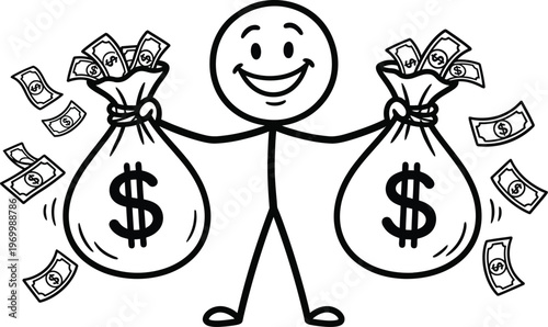 A stick figure character happily holding two money bags with dollars