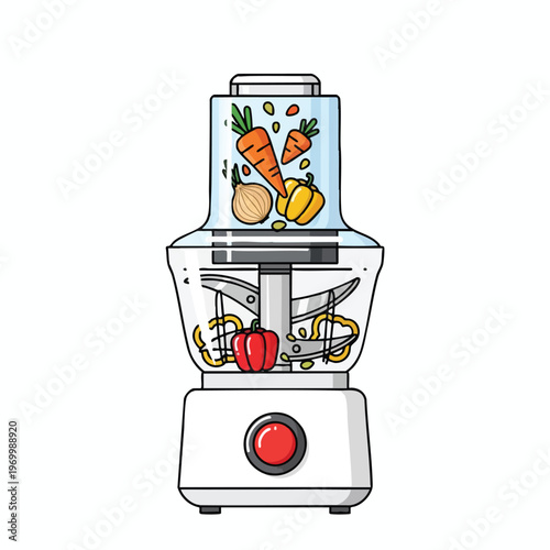 Food processor with carrots, onion, peppers, and blades