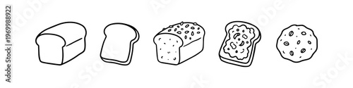Hand-drawn line art collection of bakery items including a loaf of bread, toast slices, seeded grain bread, and a round bun. Minimalist doodle style on a white background.