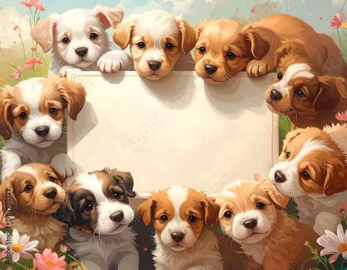 Puppies gather around a ornate blank sign