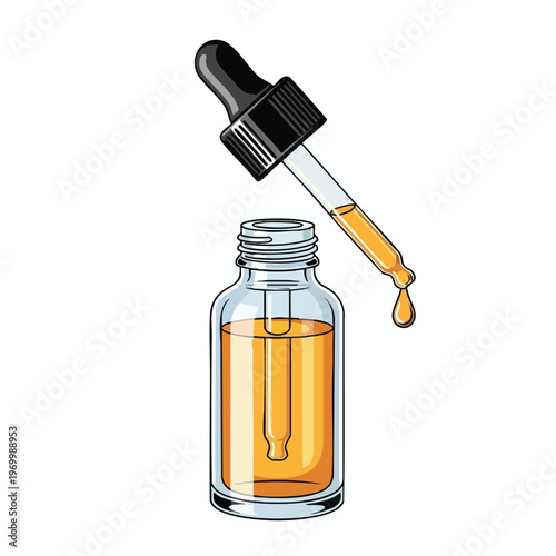 Clear glass dropper bottle with golden liquid, a drop falling