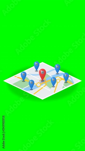 Animated map graphic with location pins appearing on a green screen background, ideal for travel planning, navigation apps, and location-based services presentations