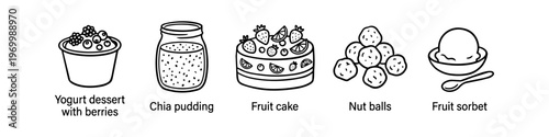 Minimalist line art icons of healthy desserts including yogurt with berries, chia pudding, fruit cake, nut balls, and fruit sorbet. Vector illustration set for menu and nutrition designs.
