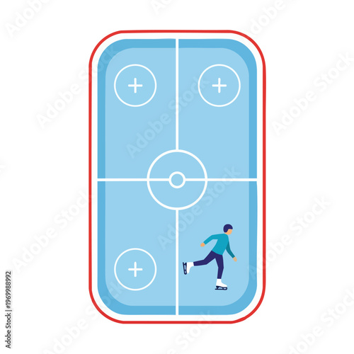 A lone figure skates on a simplified ice rink with white markings and a red border